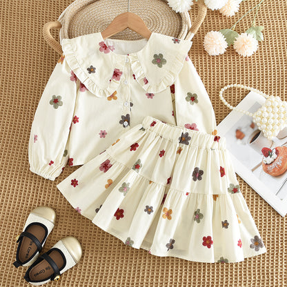 Spring&Autumn Colorful Floral Prints Long Sleeve Shirt+Skirt Girls Set