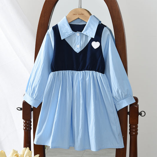 Cartoon Heart Color Contrasting Patchwork Girls' Shirt Dress