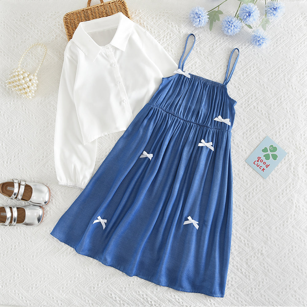 Girls' Bow Sundress+Classic Blouse 2pcs Fashion Set