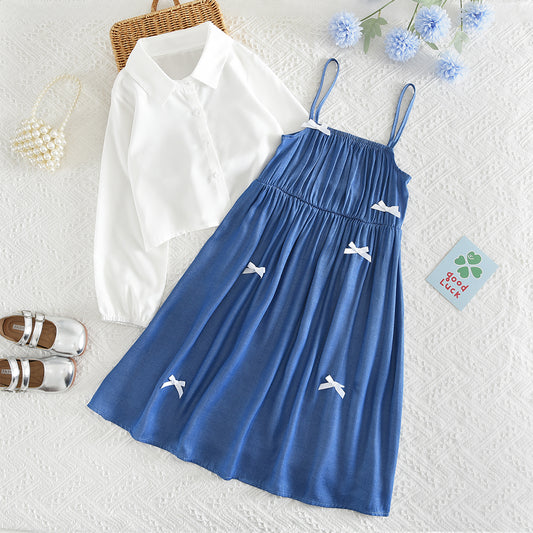 Girls' Bow Sundress+Classic Blouse 2pcs Fashion Set