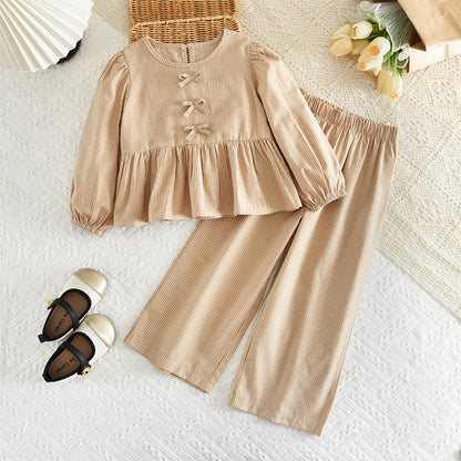 Stripes Bow Blouse+Trousers Girls' Stylish 2pcs Set