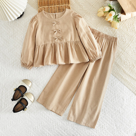 Stripes Bow Blouse+Trousers Girls' Stylish 2pcs Set