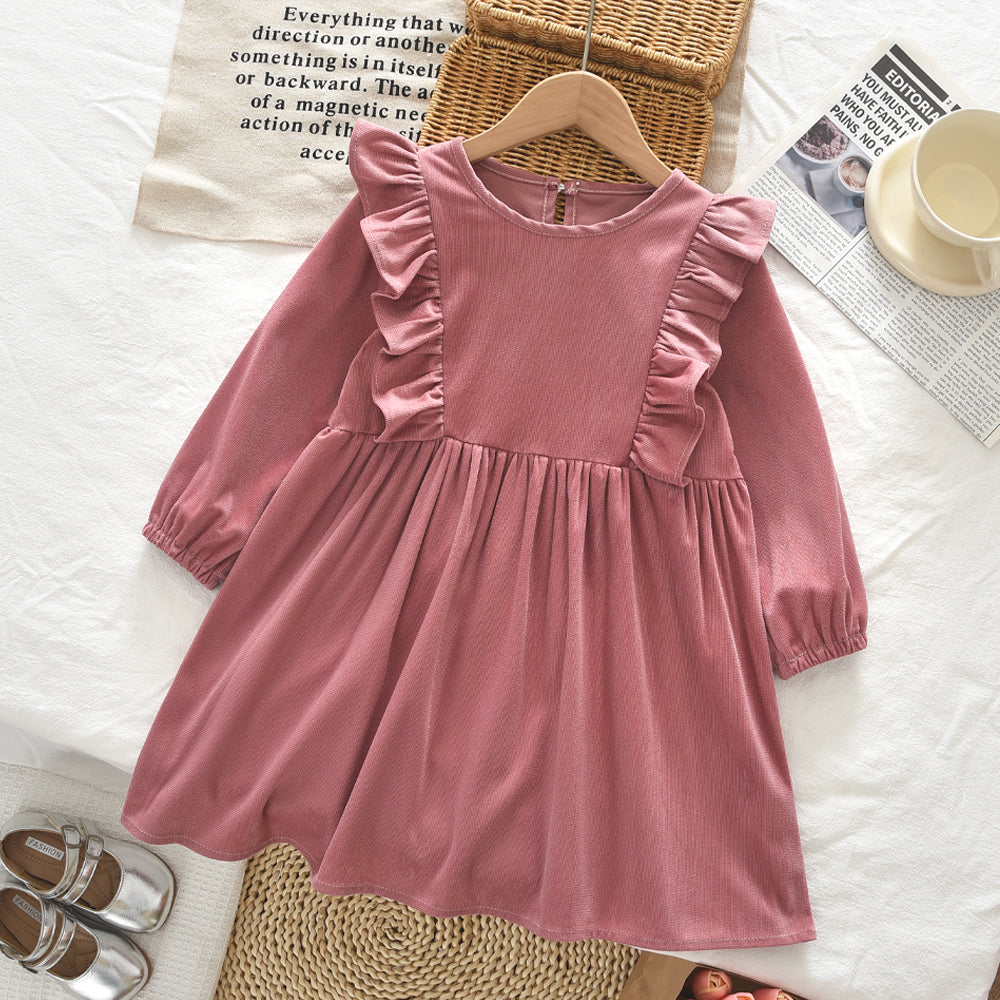 Long Sleeve Ruffle Girls' Dress Pink Casual Outfit