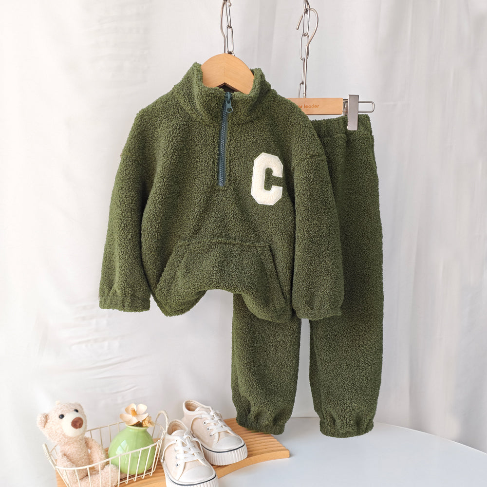 Letter Half Zip Top+Sweatpants Girls'&Boys Sports Set