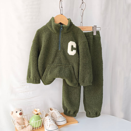 Letter Half Zip Top+Sweatpants Girls'&Boys Sports Set