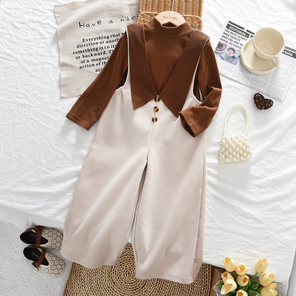 High Collar Stretchy Long Sleeve T-shirt+Suspender Trousers Girls' Set