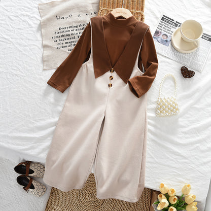 High Collar Stretchy Long Sleeve T-shirt+Suspender Trousers Girls' Set