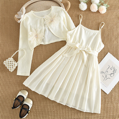 Girls' Simple Sundress+Flower Coat 2pcs Set