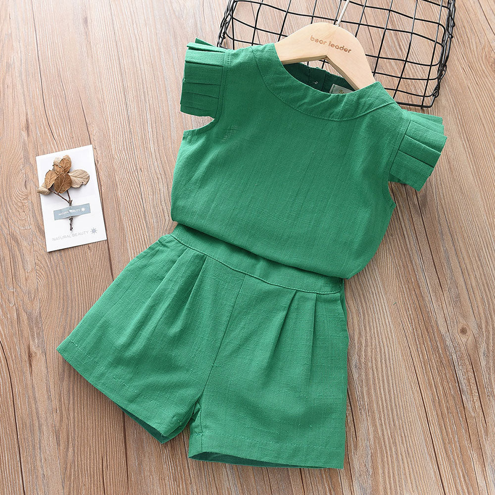 Girls' 100% Cotton Ruffle Top+Shorts 2pcs Casual Set